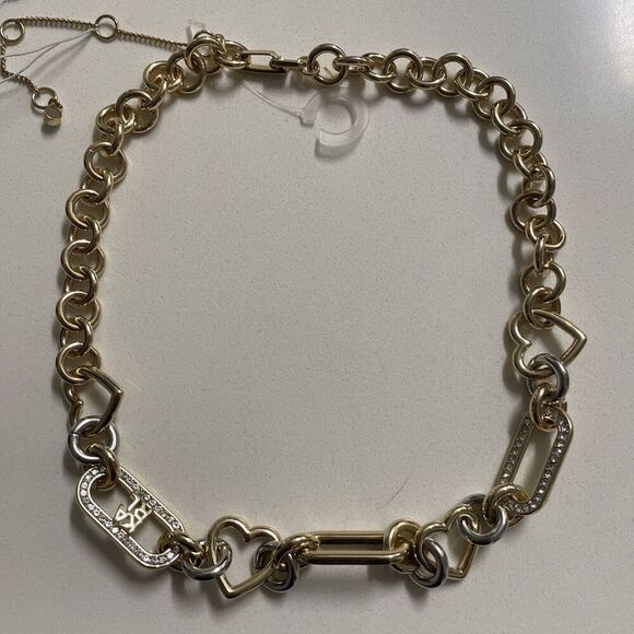 New Karl Lagerfeld Paris Two Tone Pave Crystal Heart Logo Link Collar Necklace - Picture 4 of 5